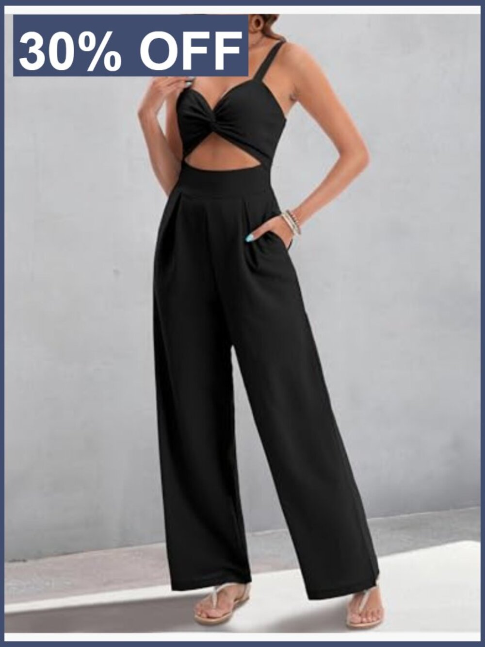 Dressy Sleeveless V Neck Wide Leg Jumpsuit with Pockets - Picture 6 of 7